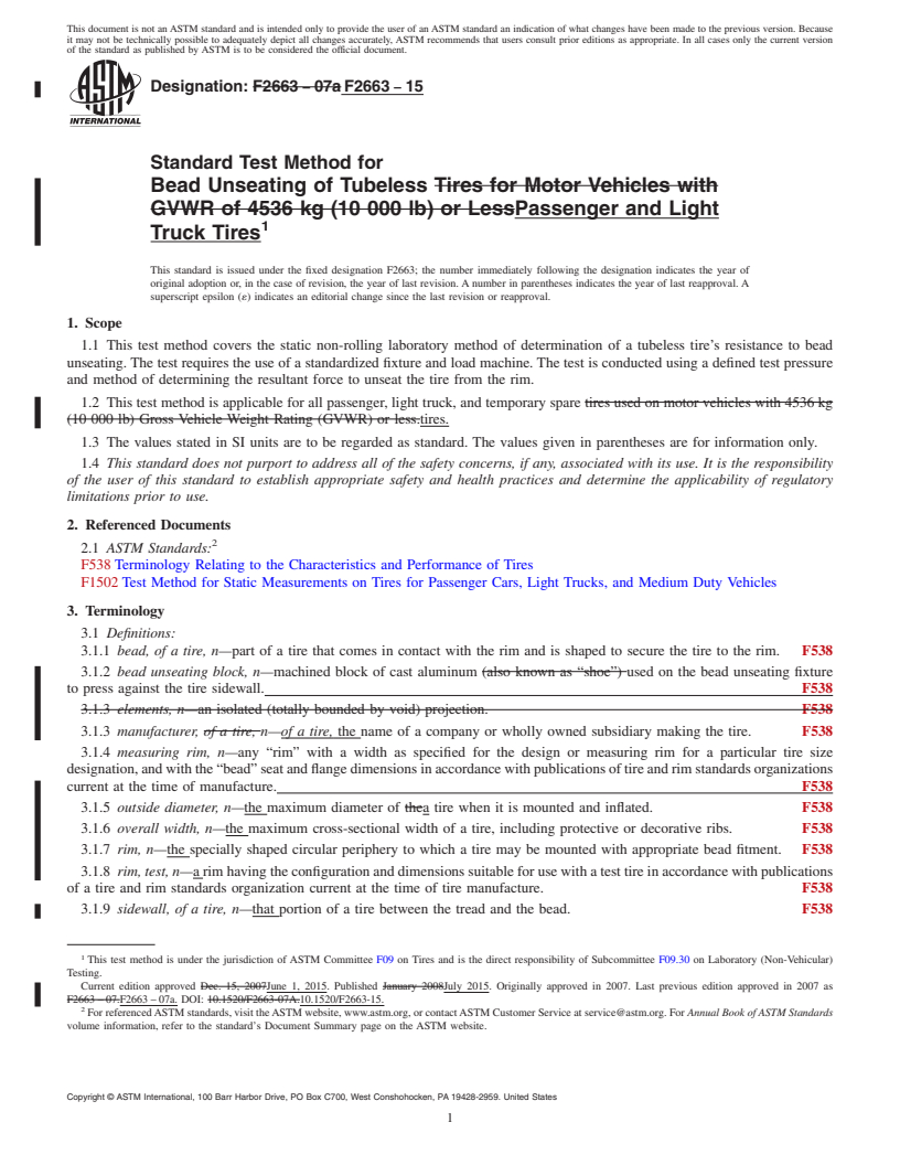 REDLINE ASTM F2663-15 - Standard Test Method for Bead Unseating of Tubeless Passenger and Light Truck Tires