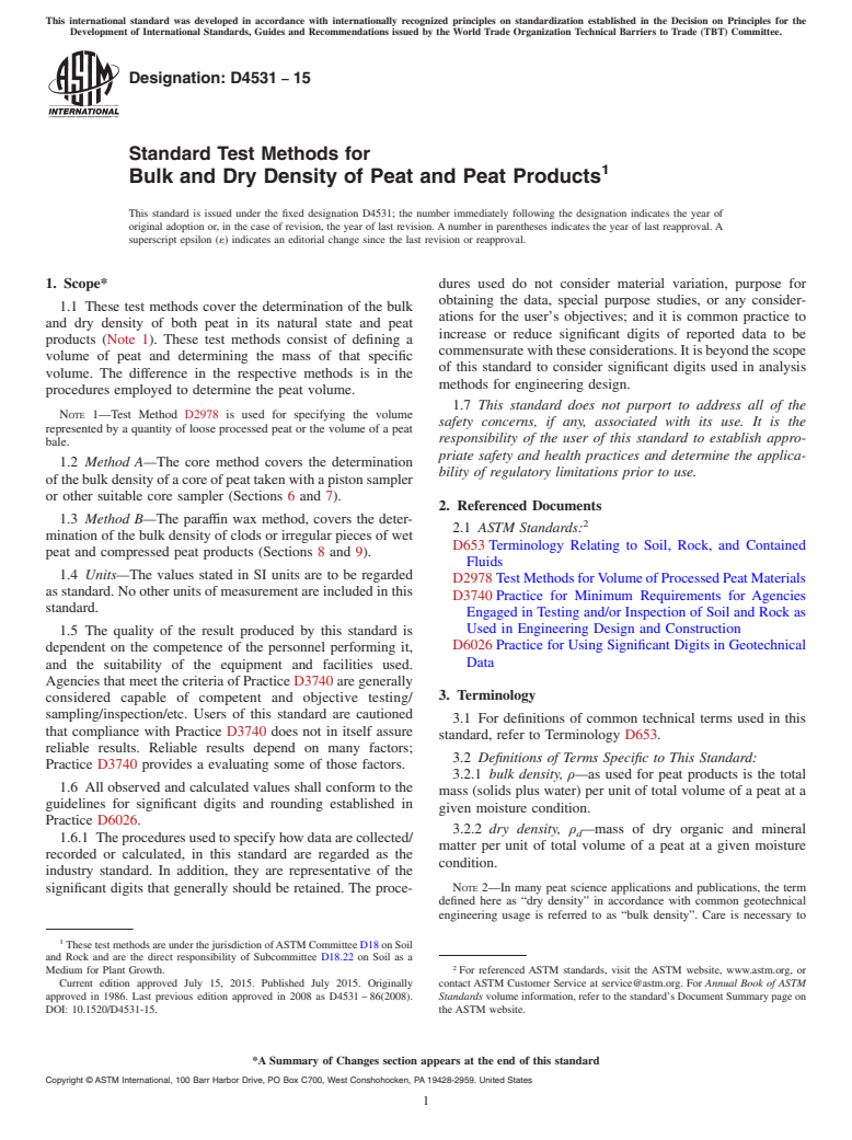 ASTM D4531-15 - Standard Test Methods for  Bulk and Dry Density of Peat and Peat Products