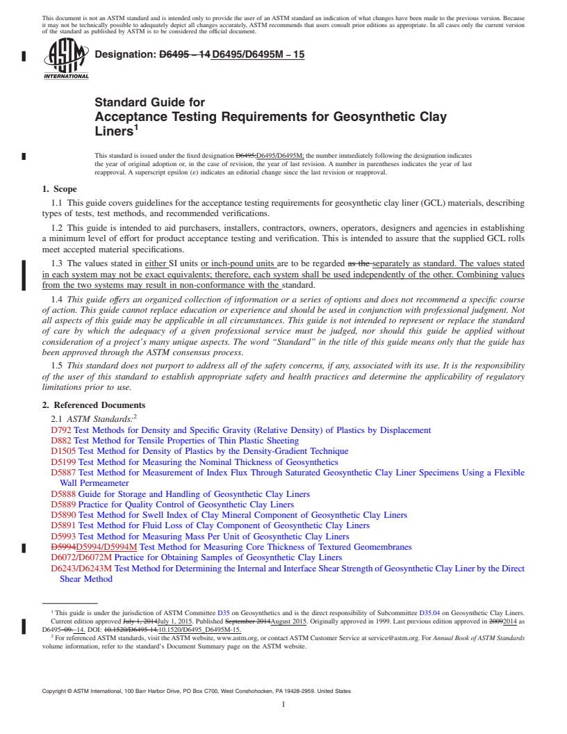 REDLINE ASTM D6495/D6495M-15 - Standard Guide for Acceptance Testing Requirements for Geosynthetic Clay Liners