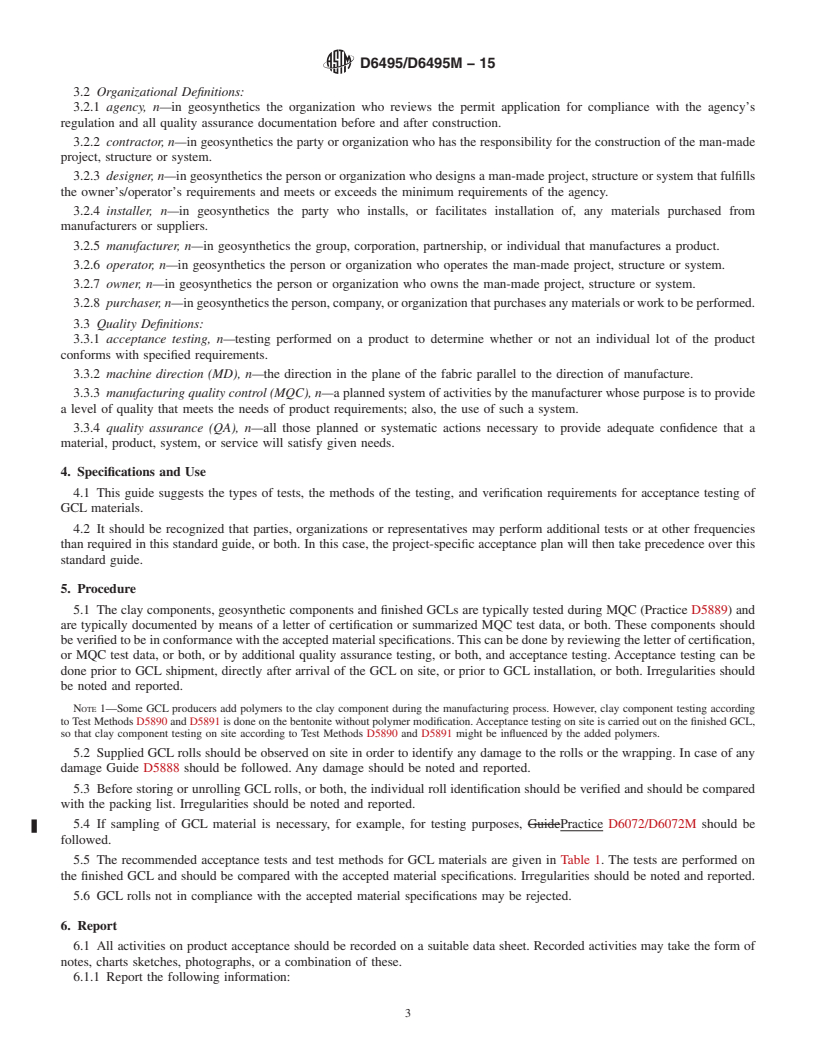 REDLINE ASTM D6495/D6495M-15 - Standard Guide for Acceptance Testing Requirements for Geosynthetic Clay Liners