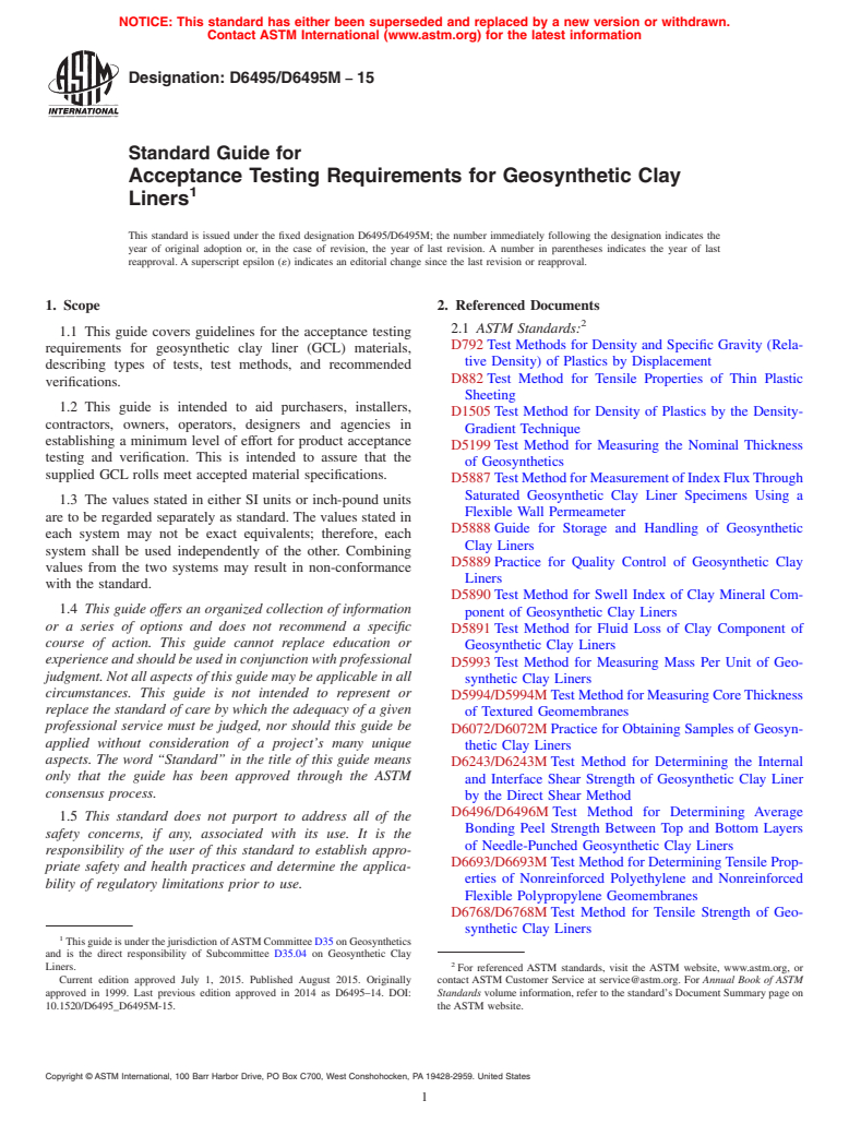 ASTM D6495/D6495M-15 - Standard Guide for Acceptance Testing Requirements for Geosynthetic Clay Liners