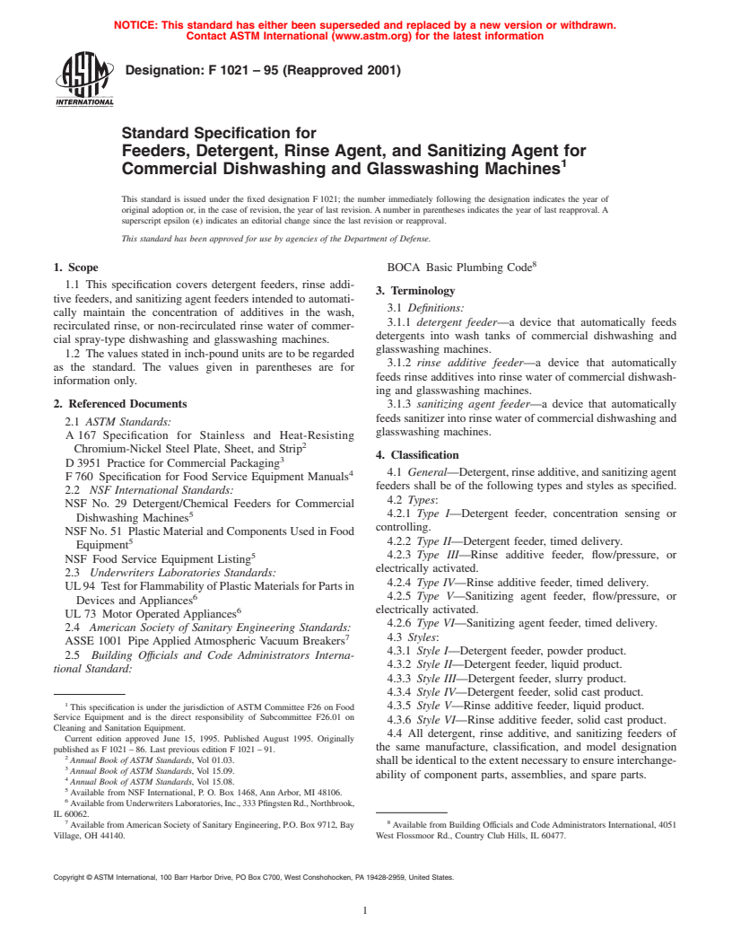 ASTM F1021-95(2001) - Standard Specification for Feeders, Detergent, Rinse Agent, and Sanitizing Agent for Commercial Dishwashing and Glasswashing Machines