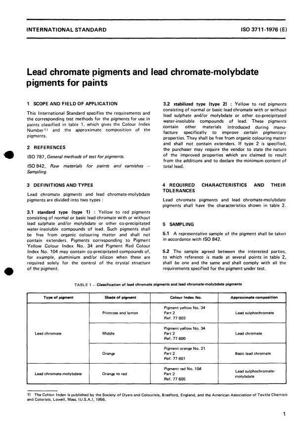 ISO 3711:1976 - Lead chromate pigments and lead chromate-molybdate pigments for paints