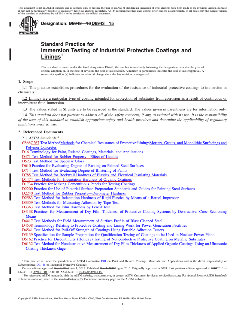 REDLINE ASTM D6943-15 - Standard Practice for Immersion Testing of Industrial Protective Coatings and Linings