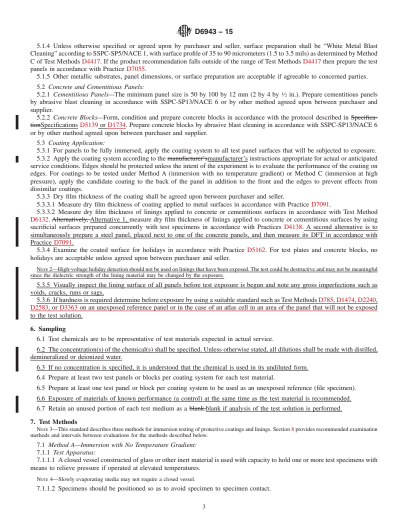 REDLINE ASTM D6943-15 - Standard Practice for Immersion Testing of Industrial Protective Coatings and Linings