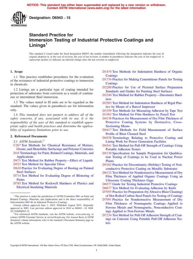 ASTM D6943-15 - Standard Practice for Immersion Testing of Industrial Protective Coatings and Linings