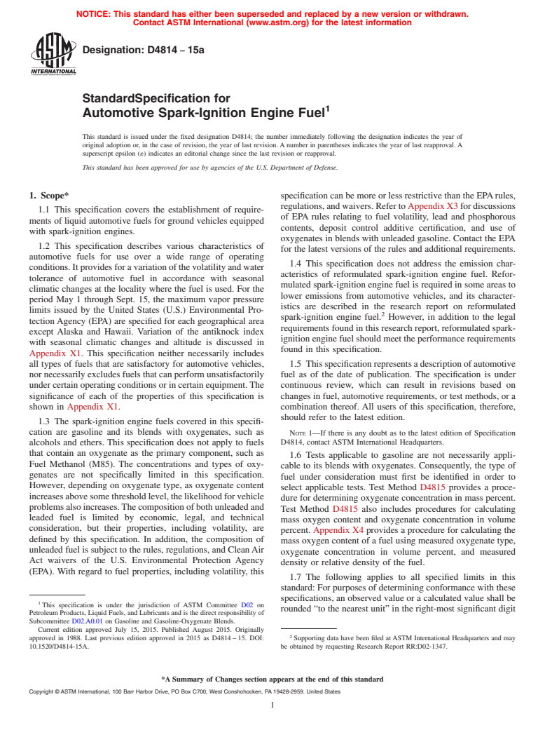 ASTM D4814-15a - Standard Specification for Automotive Spark-Ignition Engine Fuel