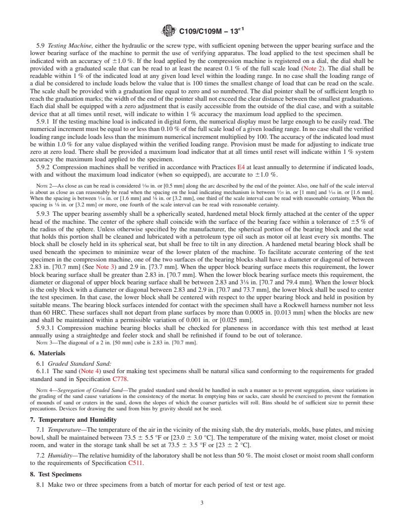 REDLINE ASTM C109/C109M-13e1 - Standard Test Method for  Compressive Strength of Hydraulic Cement Mortars (Using 2-in.  or [50-mm] Cube Specimens)