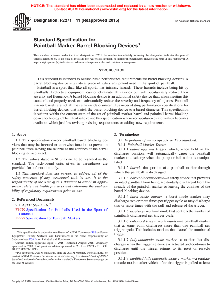 ASTM F2271-11(2015) - Standard Specification for  Paintball Marker Barrel Blocking Devices