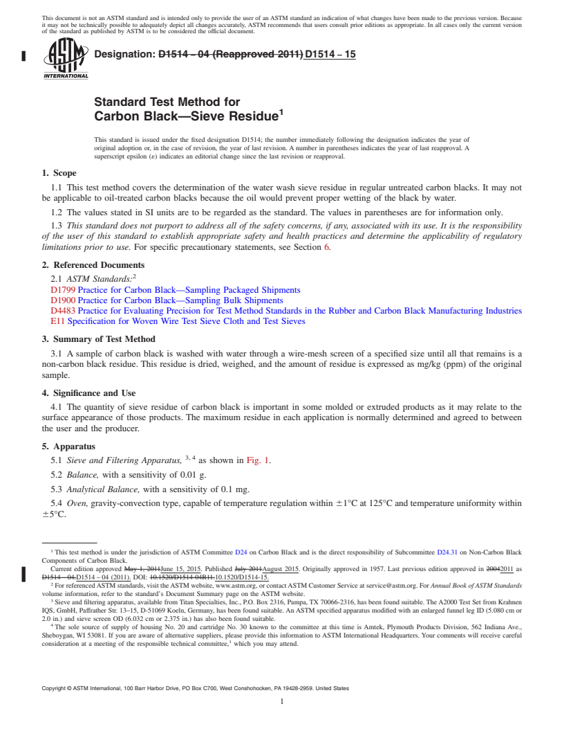 REDLINE ASTM D1514-15 - Standard Test Method for Carbon Black&#x2014;Sieve Residue