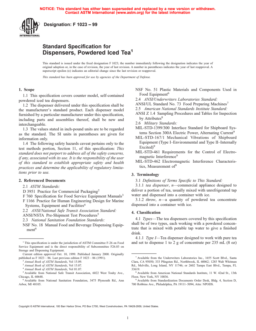 ASTM F1023-99 - Standard Specification for Dispensers, Powdered Iced Tea