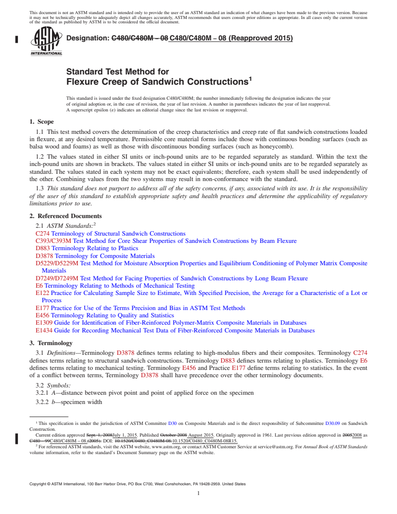 REDLINE ASTM C480/C480M-08(2015) - Standard Test Method for  Flexure Creep of Sandwich Constructions