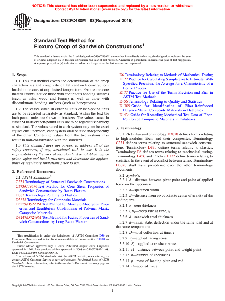 ASTM C480/C480M-08(2015) - Standard Test Method for  Flexure Creep of Sandwich Constructions