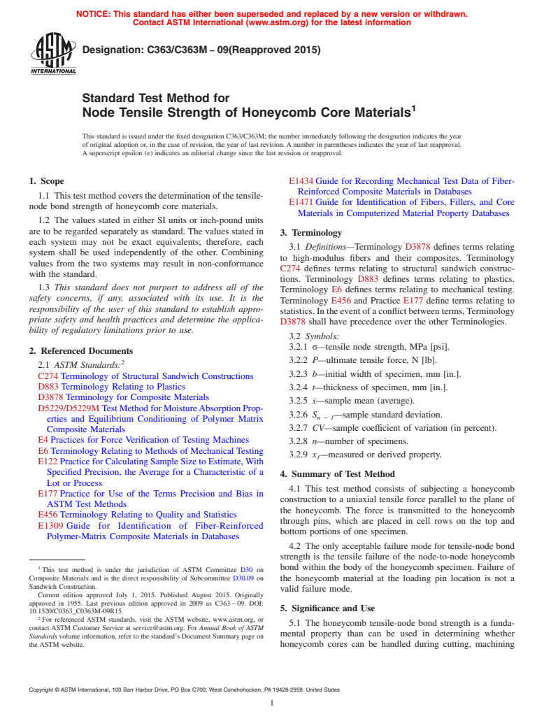 ASTM C363/C363M-09(2015) - Standard Test Method for  Node Tensile Strength of Honeycomb Core Materials