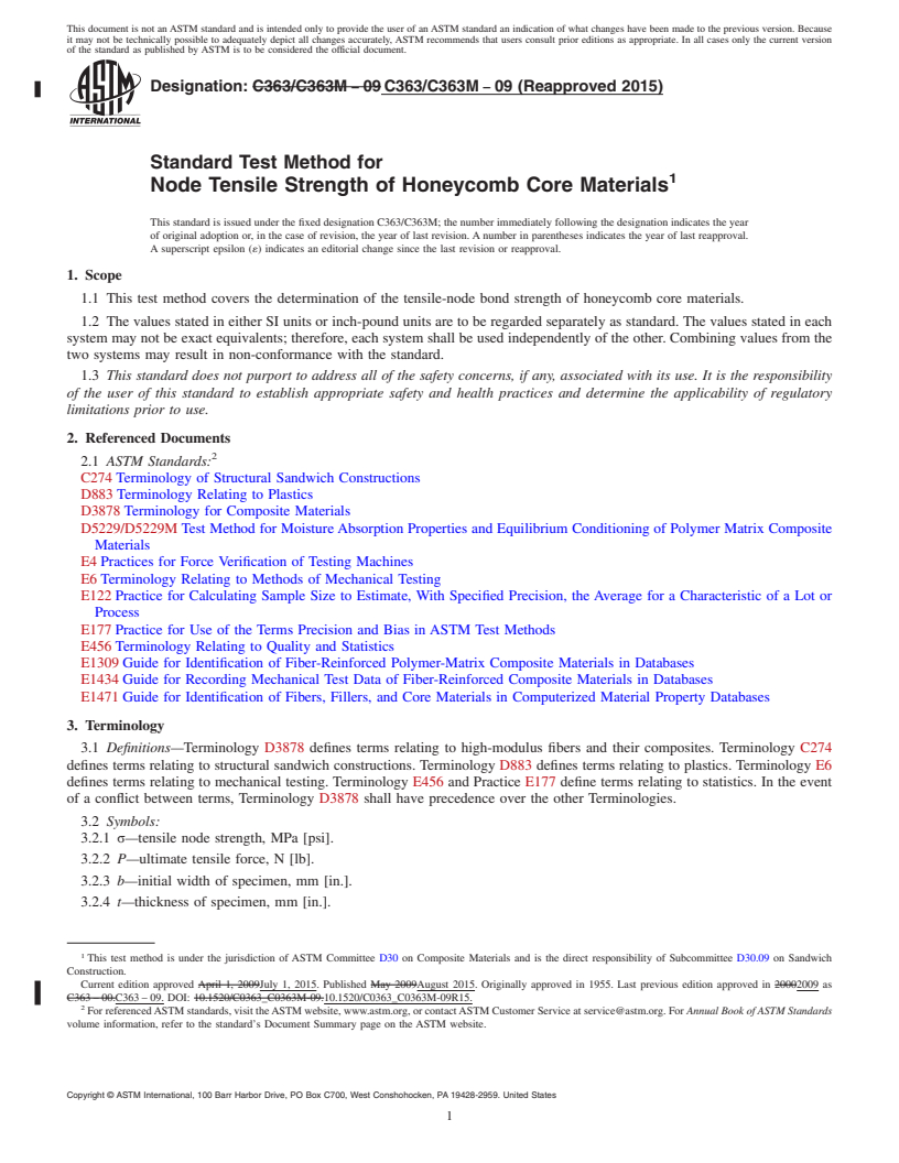 REDLINE ASTM C363/C363M-09(2015) - Standard Test Method for  Node Tensile Strength of Honeycomb Core Materials