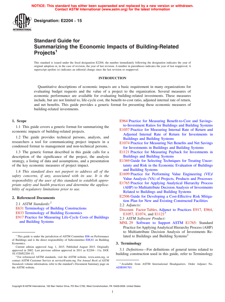 ASTM E2204-15 - Standard Guide for Summarizing the Economic Impacts of Building-Related Projects
