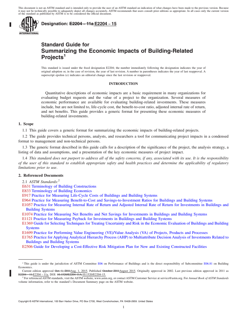 REDLINE ASTM E2204-15 - Standard Guide for Summarizing the Economic Impacts of Building-Related Projects