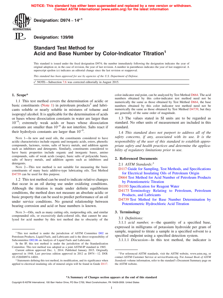 ASTM D974-14e1 - Standard Test Method for  Acid and Base Number by Color-Indicator Titration