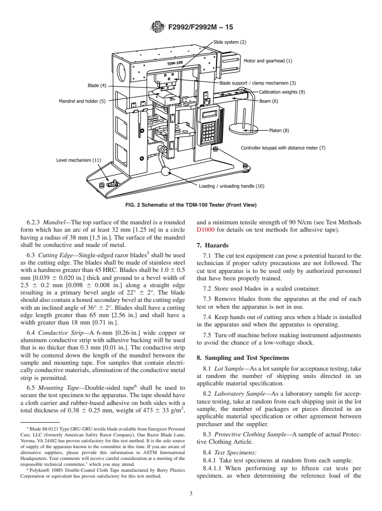 ASTM F2992/F2992M-15 - Standard Test Method for Measuring Cut Resistance of Materials Used in Protective Clothing  with Tomodynamometer (TDM-100) Test Equipment