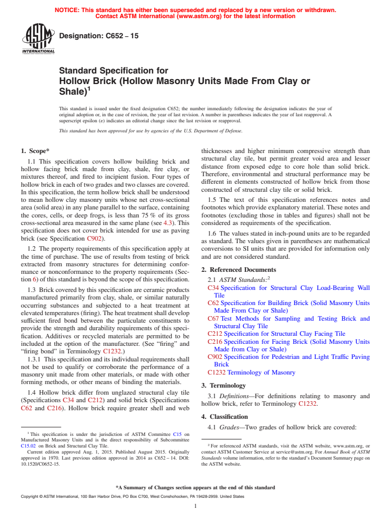 ASTM C652-15 - Standard Specification for  Hollow Brick (Hollow Masonry Units Made From Clay or Shale)