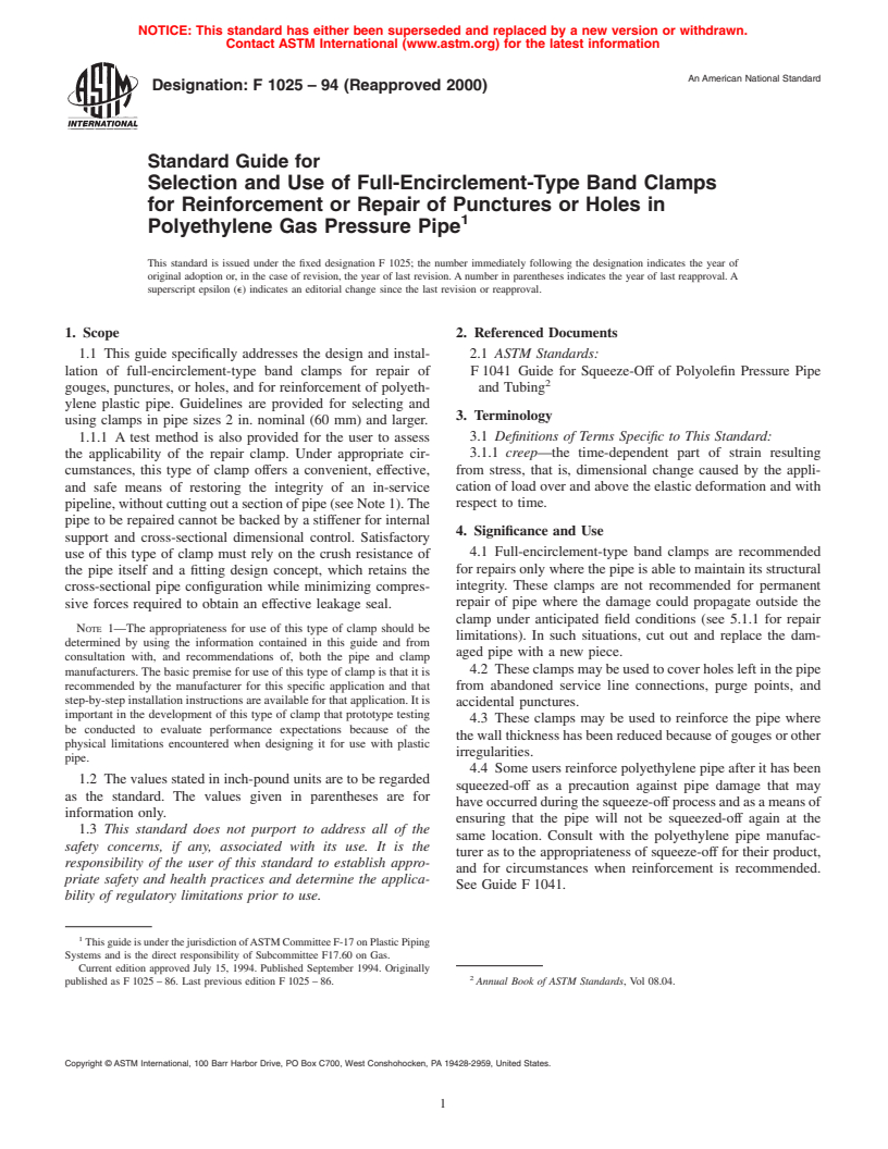 ASTM F1025-94(2000) - Standard Guide for Selection and Use of Full-Encirclement-Type Band Clamps for Reinforcement or Repair of Punctures or Holes in Polyethylene Gas Pressure Pipe