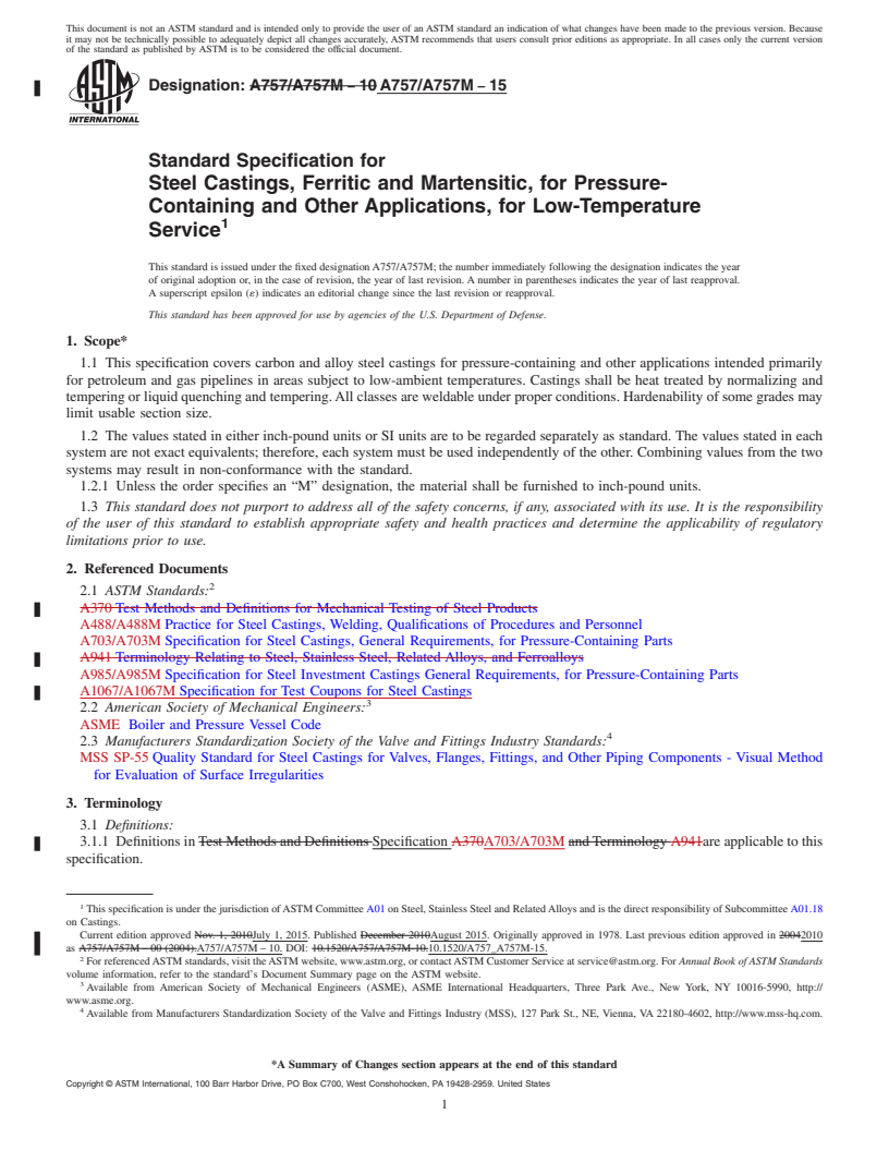 REDLINE ASTM A757/A757M-15 - Standard Specification for  Steel Castings, Ferritic and Martensitic, for Pressure-Containing   and Other Applications, for Low-Temperature Service