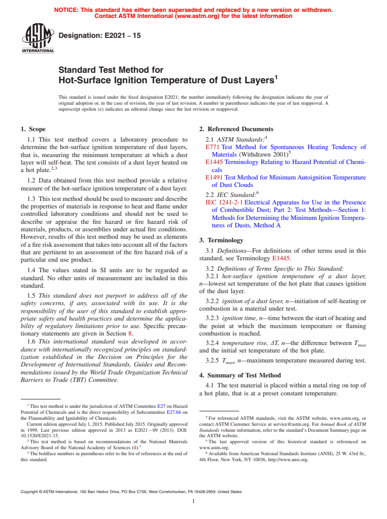 ASTM E2021-15 - Standard Test Method for  Hot-Surface Ignition Temperature of Dust Layers