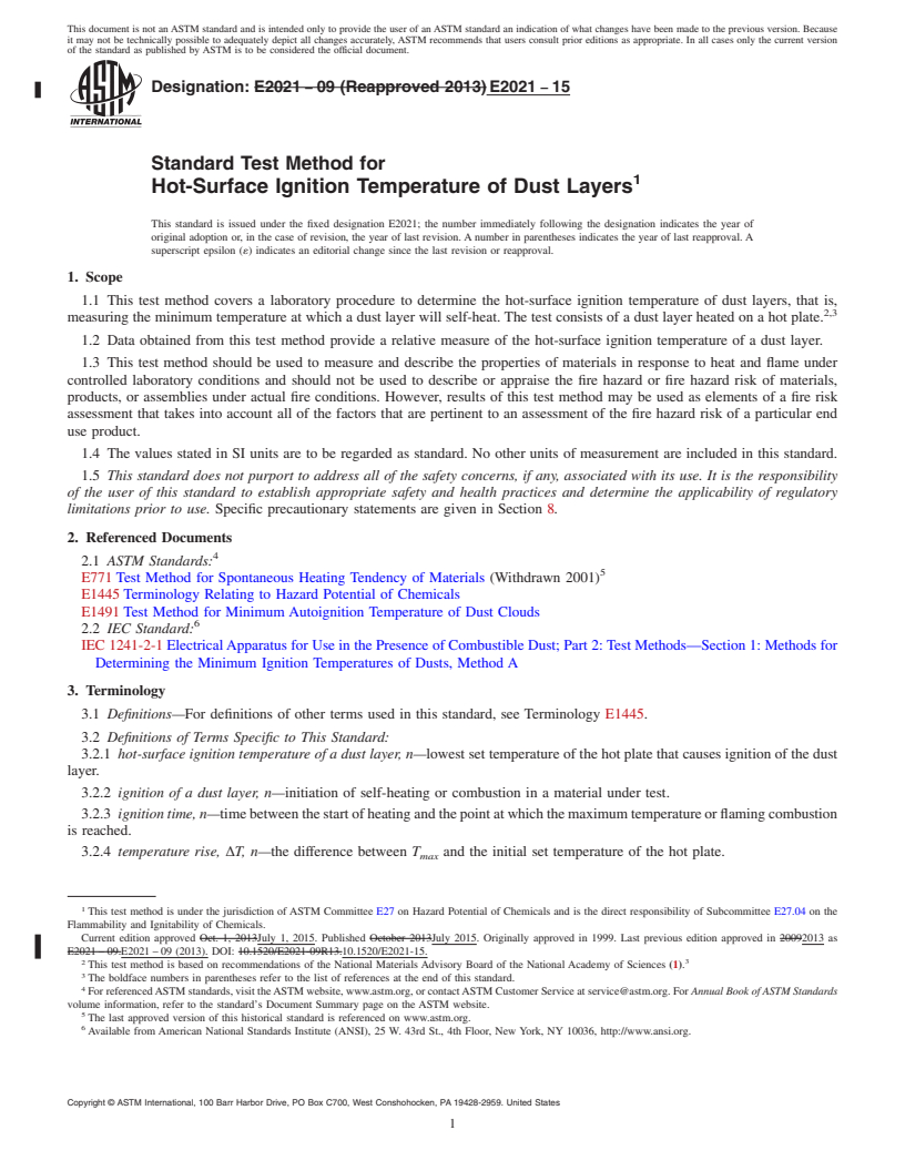 REDLINE ASTM E2021-15 - Standard Test Method for  Hot-Surface Ignition Temperature of Dust Layers