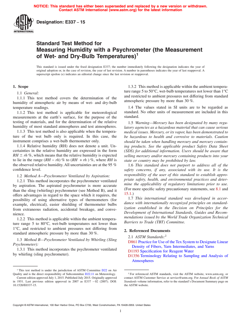 ASTM E337-15 - Standard Test Method for  Measuring Humidity with a Psychrometer (the Measurement of  Wet- and Dry-Bulb Temperatures)