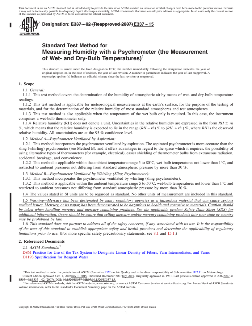 REDLINE ASTM E337-15 - Standard Test Method for  Measuring Humidity with a Psychrometer (the Measurement of  Wet- and Dry-Bulb Temperatures)