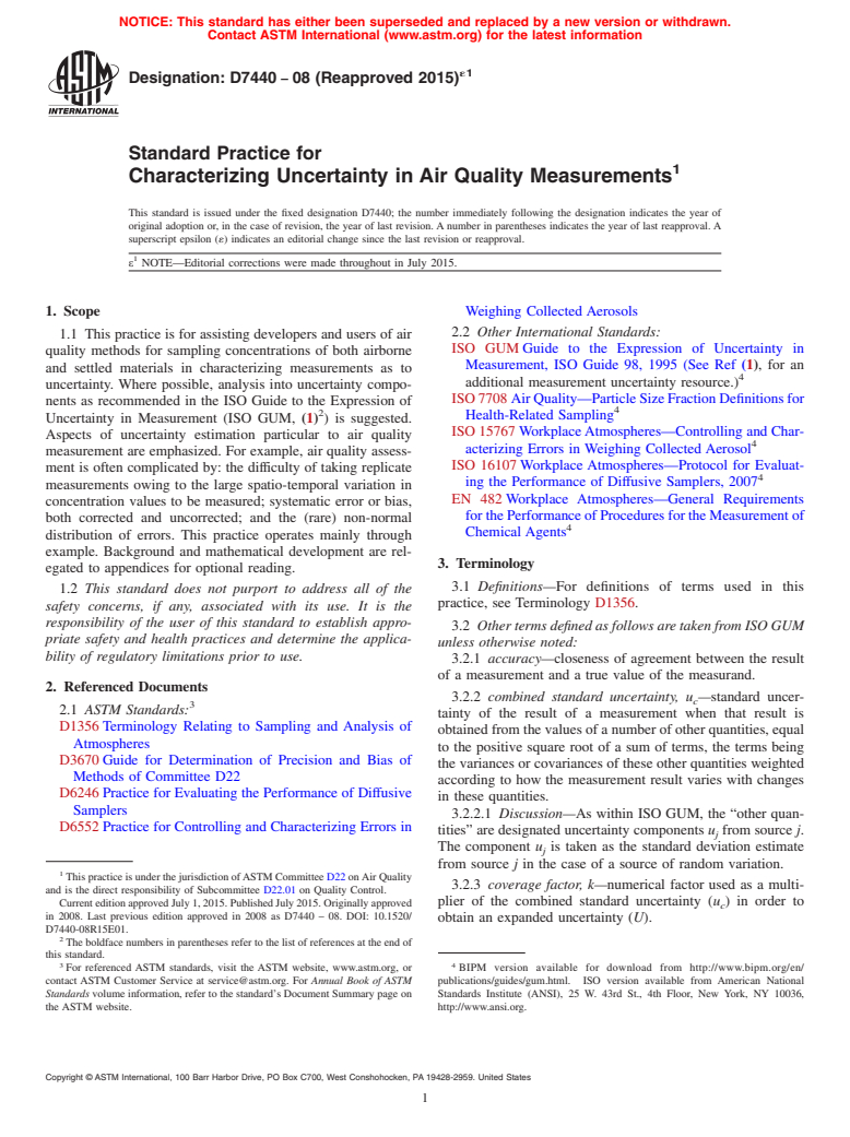 ASTM D7440-08(2015)e1 - Standard Practice for  Characterizing Uncertainty in Air Quality Measurements