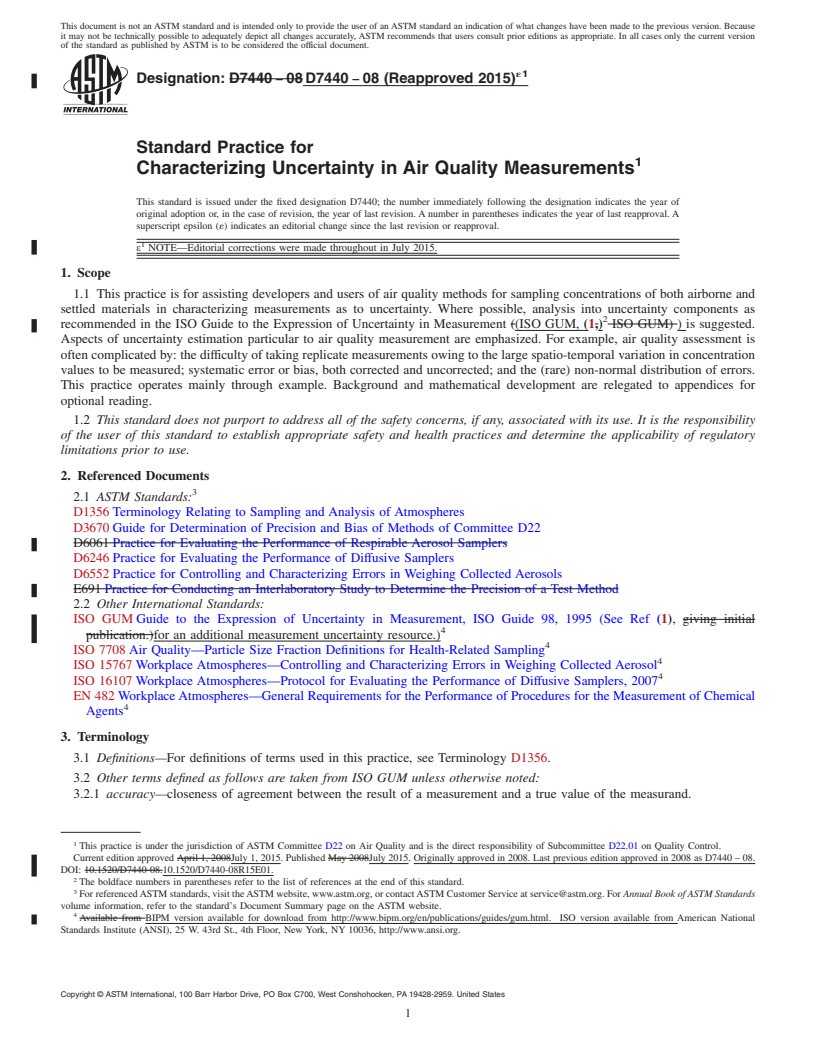 REDLINE ASTM D7440-08(2015)e1 - Standard Practice for  Characterizing Uncertainty in Air Quality Measurements