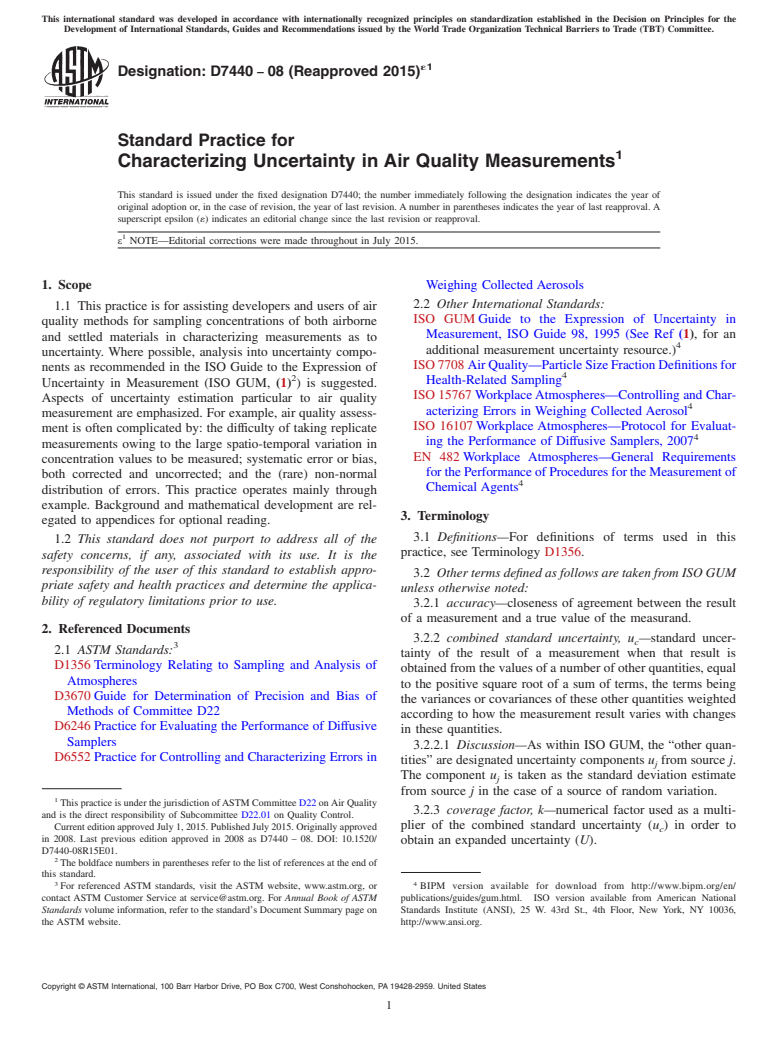 ASTM D7440-08(2015)e1 - Standard Practice for  Characterizing Uncertainty in Air Quality Measurements