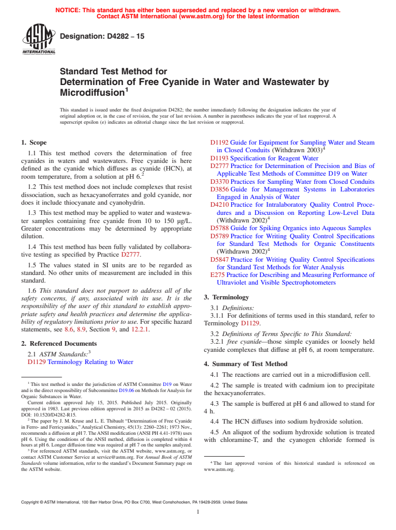 ASTM D4282-15 - Standard Test Method for  Determination of Free Cyanide in Water and Wastewater by Microdiffusion