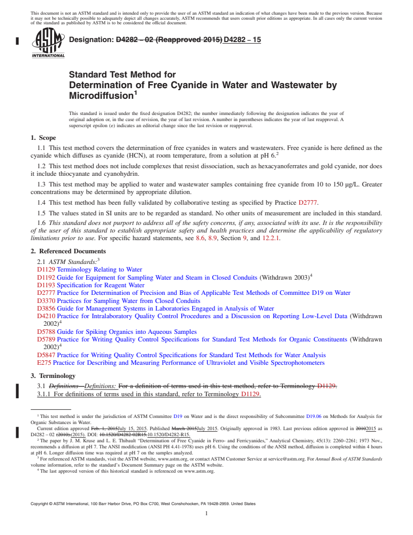 REDLINE ASTM D4282-15 - Standard Test Method for  Determination of Free Cyanide in Water and Wastewater by Microdiffusion