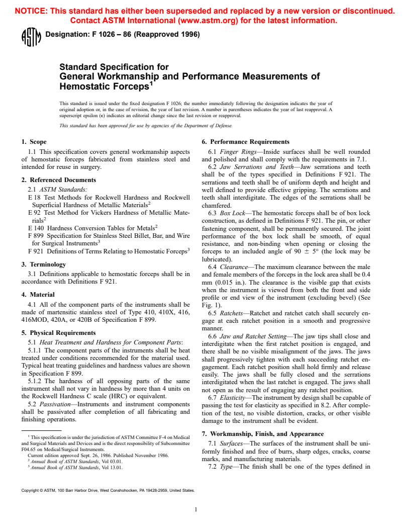 ASTM F1026-86(1996) - Standard Specification for General Workmanship and Performance Measurements of Hemostatic Forceps