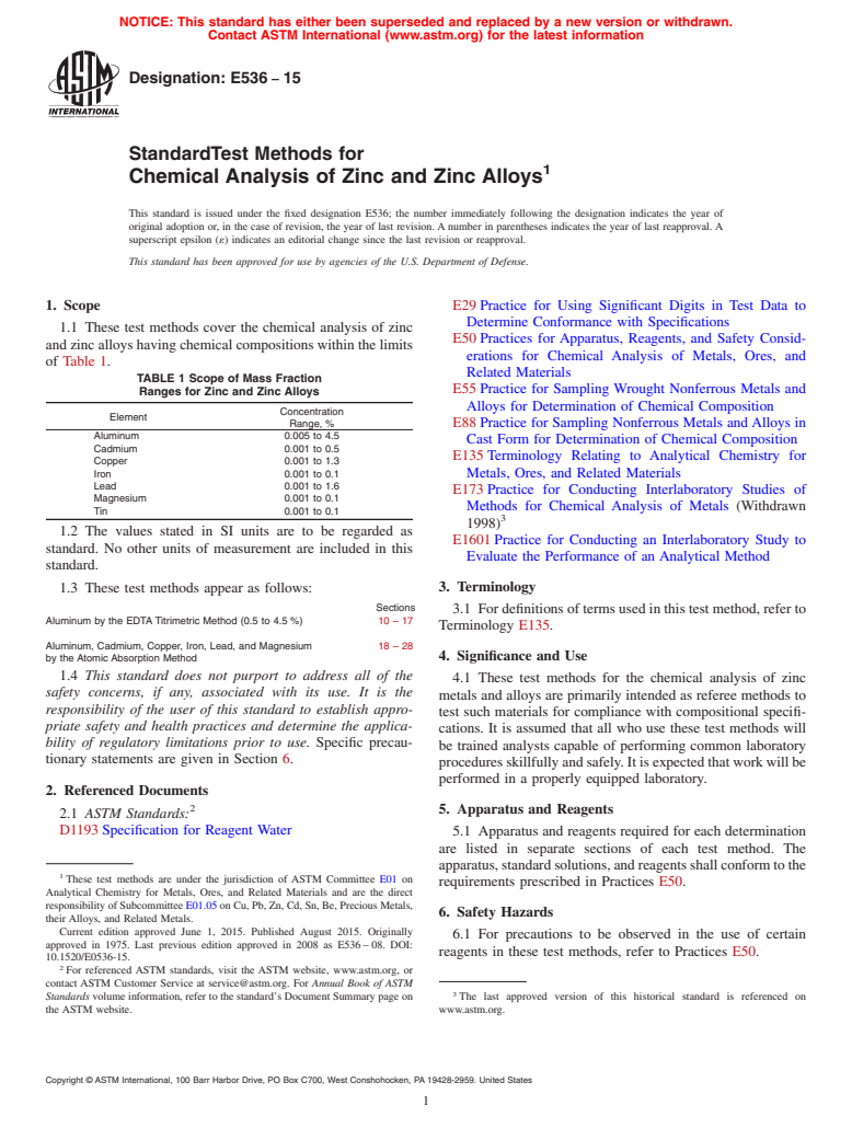 ASTM E536-15 - Standard Test Methods for  Chemical Analysis of Zinc and Zinc Alloys