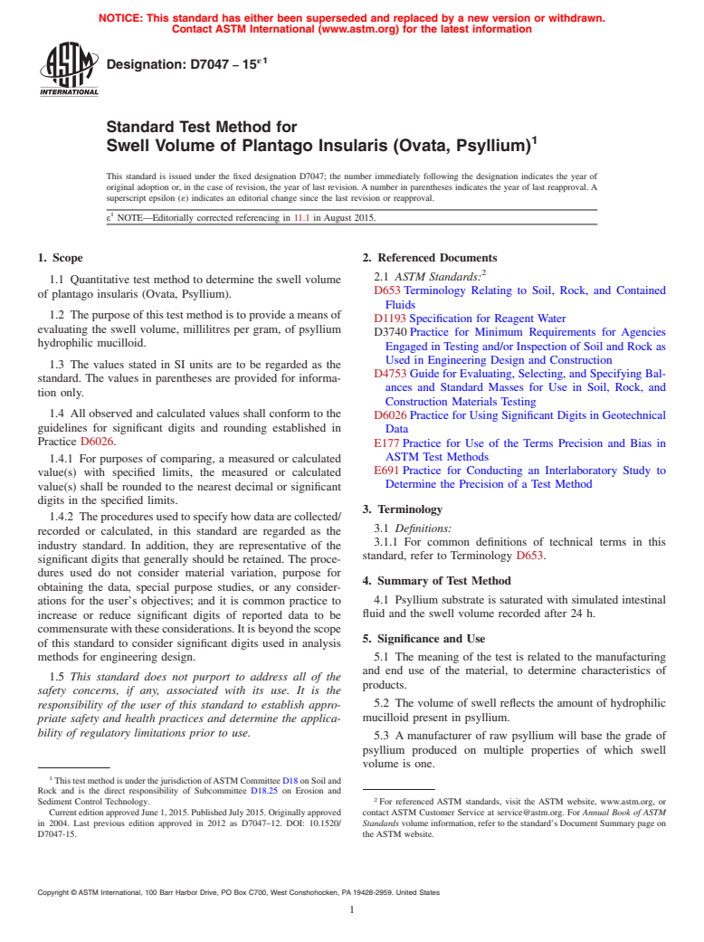 ASTM D7047-15e1 - Standard Test Method for  Swell Volume of Plantago Insularis (Ovata, Psyllium)