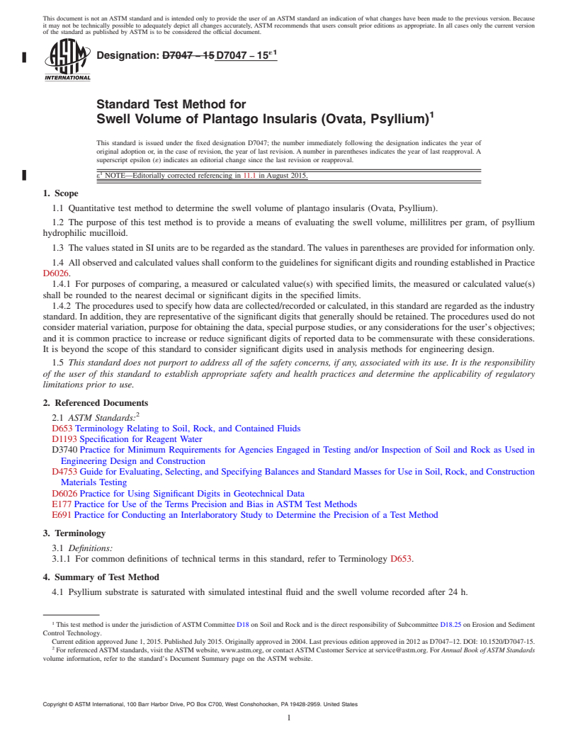 REDLINE ASTM D7047-15e1 - Standard Test Method for  Swell Volume of Plantago Insularis (Ovata, Psyllium)