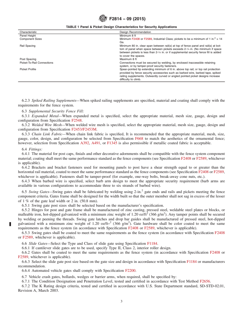 REDLINE ASTM F2814-09(2015) - Standard Guide for  Design and Construction of Ornamental Steel Picket Fence Systems  for Security Purposes