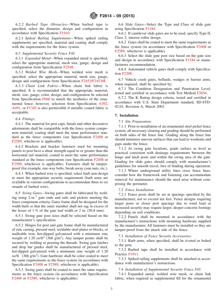 ASTM F2814-09(2015) - Standard Guide for  Design and Construction of Ornamental Steel Picket Fence Systems  for Security Purposes