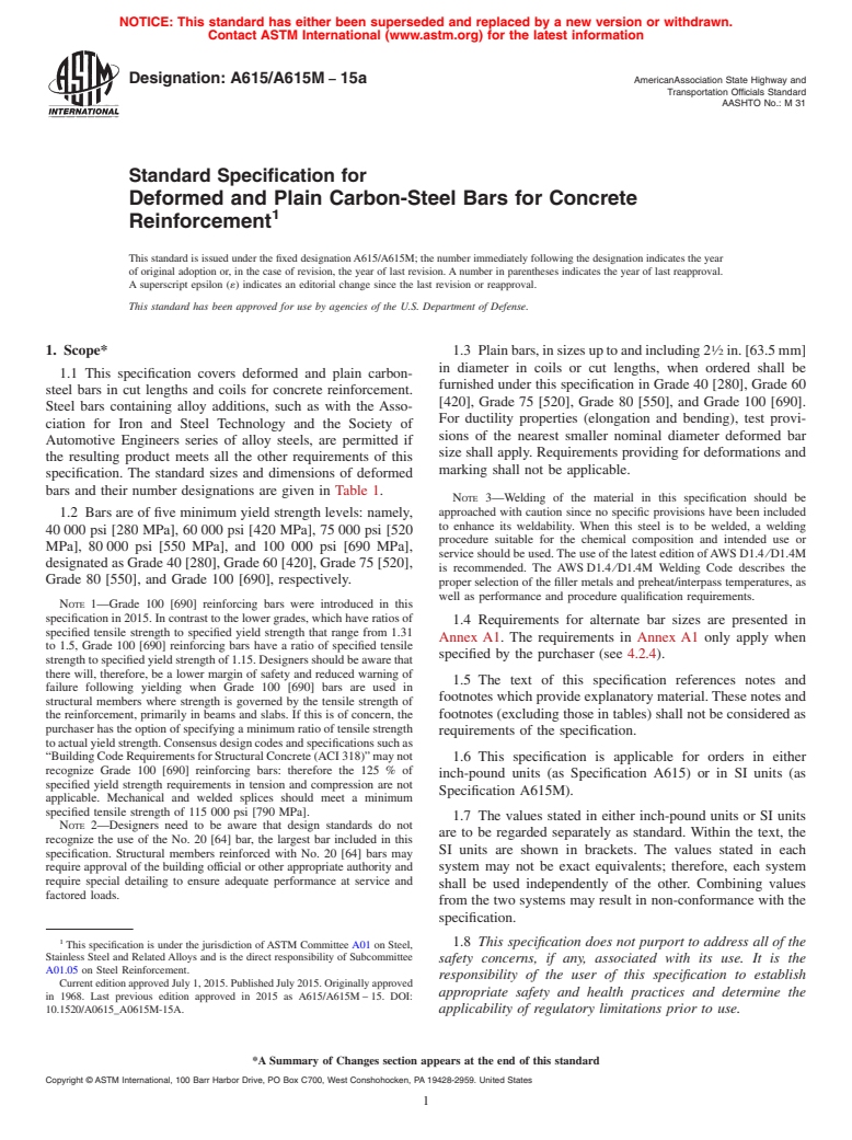 ASTM A615/A615M-15a - Standard Specification for  Deformed and Plain Carbon-Steel Bars for Concrete Reinforcement