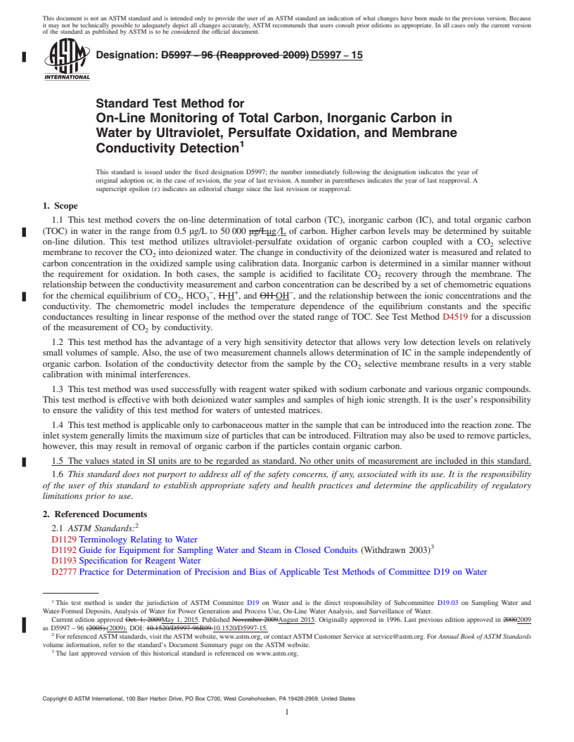 REDLINE ASTM D5997-15 - Standard Test Method for  On-Line Monitoring of Total Carbon, Inorganic Carbon in Water   by Ultraviolet,  Persulfate Oxidation, and Membrane Conductivity  Detection