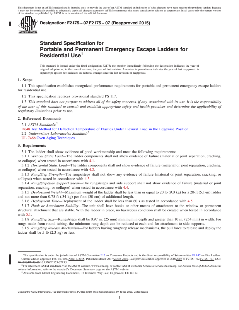 REDLINE ASTM F2175-07(2015) - Standard Specification for  Portable and Permanent Emergency Escape Ladders for Residential  Use