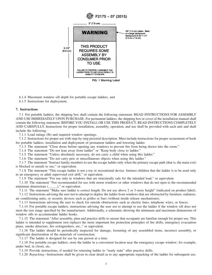 REDLINE ASTM F2175-07(2015) - Standard Specification for  Portable and Permanent Emergency Escape Ladders for Residential  Use