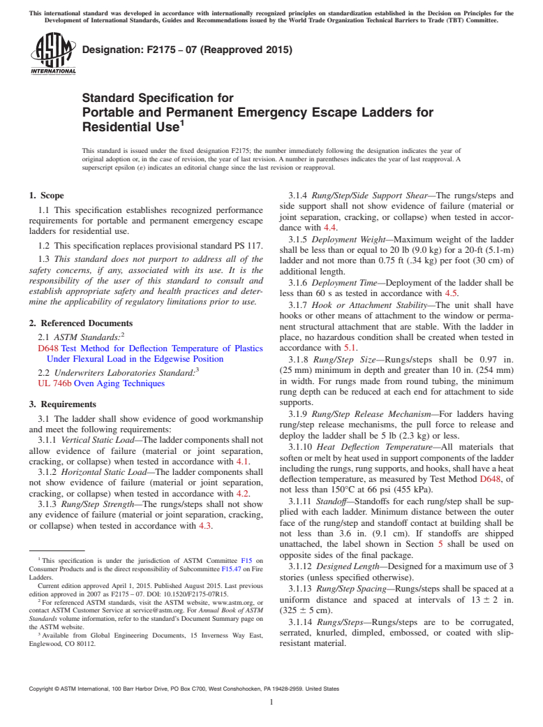 ASTM F2175-07(2015) - Standard Specification for  Portable and Permanent Emergency Escape Ladders for Residential  Use