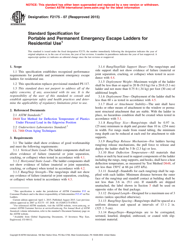 ASTM F2175-07(2015) - Standard Specification for  Portable and Permanent Emergency Escape Ladders for Residential  Use