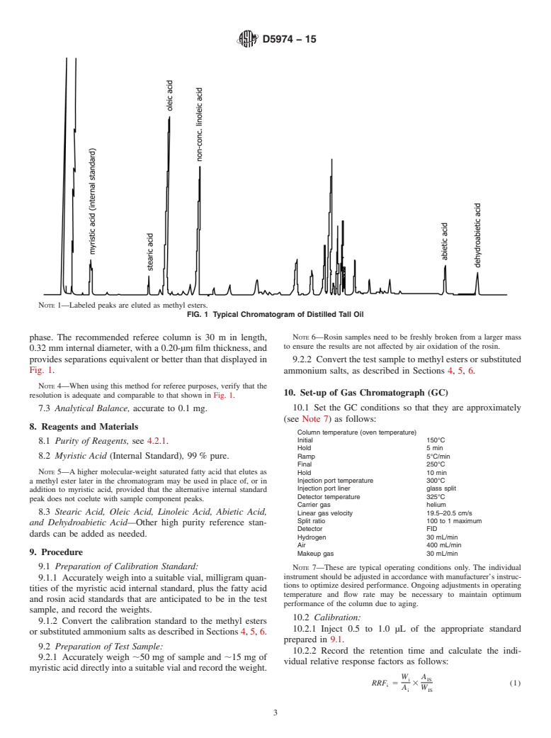 ASTM D5974-15 - Standard Test Methods for Fatty and Rosin Acids in Tall Oil Fractionation Products by   Capillary  Gas Chromatography