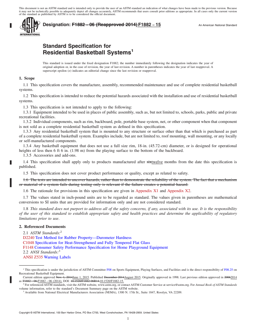 REDLINE ASTM F1882-15 - Standard Specification for Residential Basketball Systems