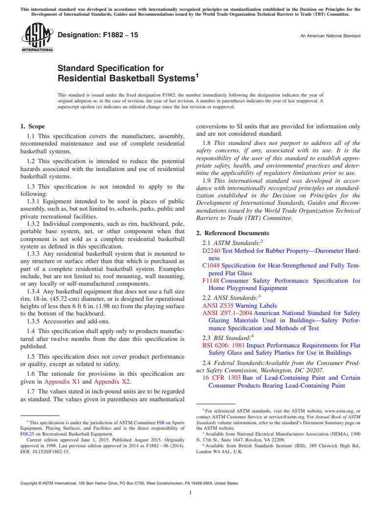 ASTM F1882-15 - Standard Specification for Residential Basketball Systems